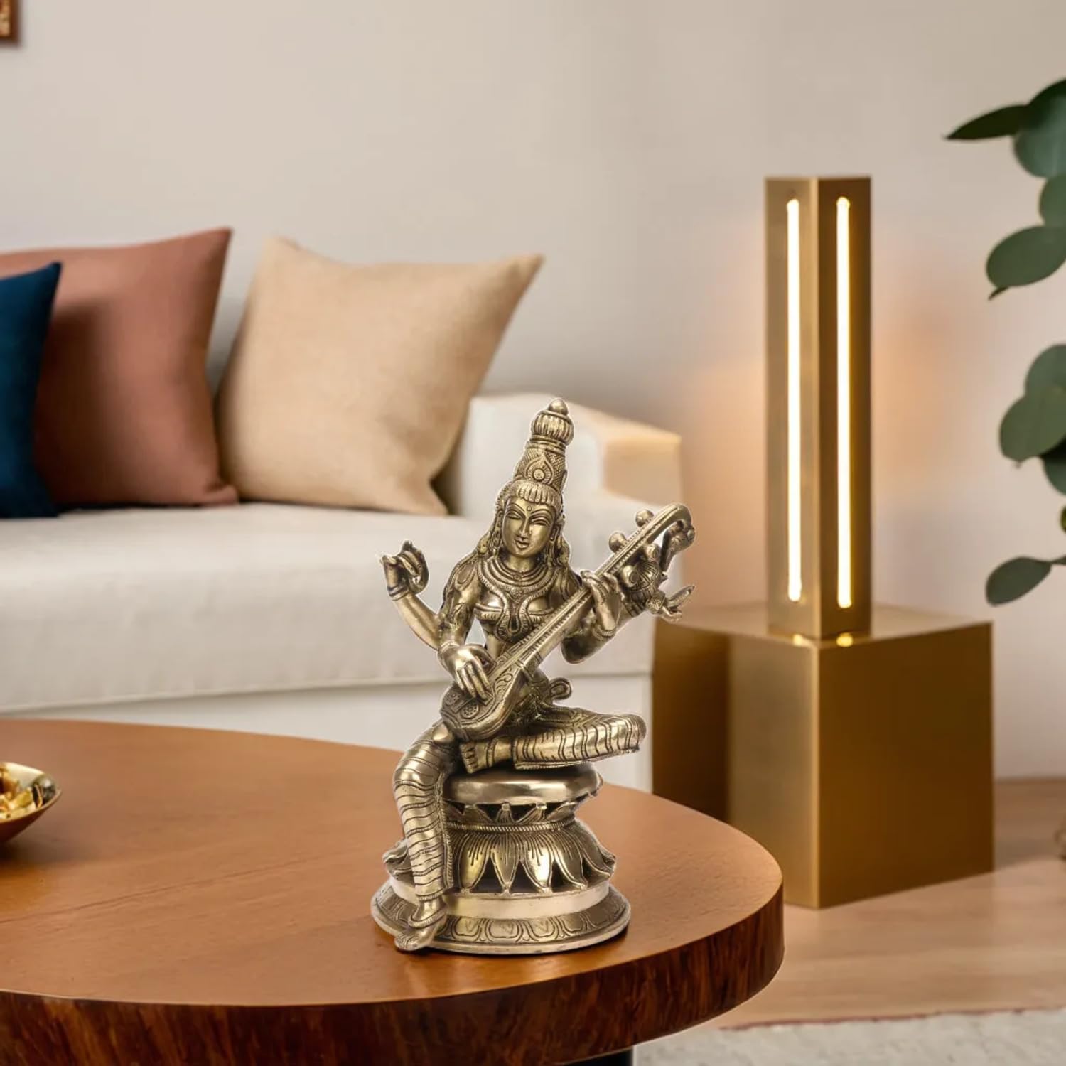 Kartique Brass Saraswati Idol With Veena, Antique Gold Finish, 12 Inches Height, For Home Decor, Pooja Room, And Gifts